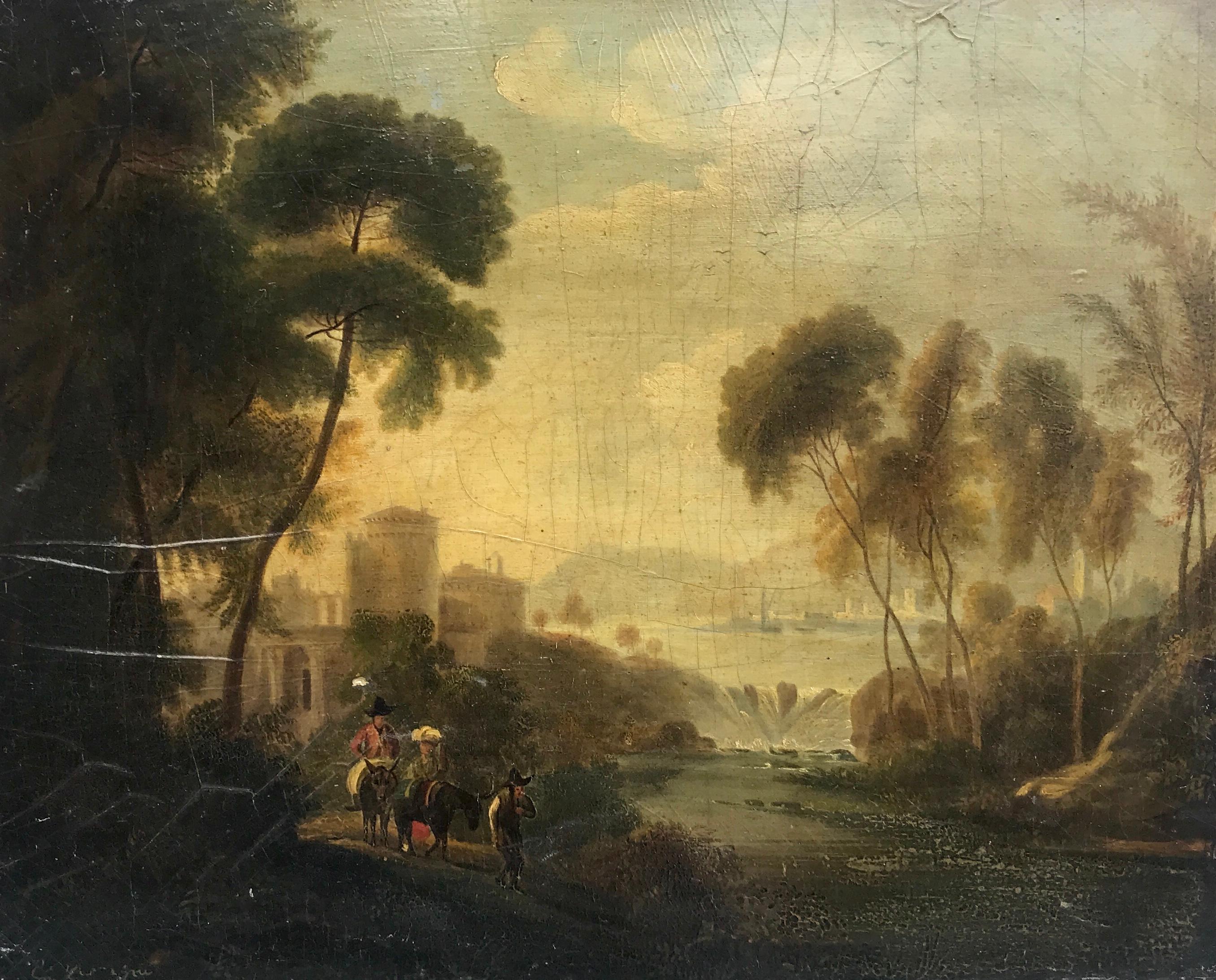 Unknown Landscape Painting - 18th Century Oil on Board Italian Landscape Bathed in Golden Light Painting