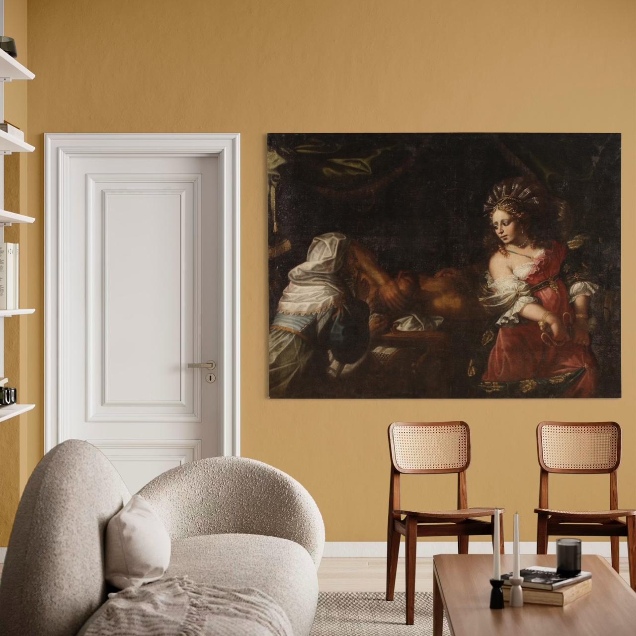 siglo XVIII Óleo sobre lienzo Pintura bíblica italiana Judith y Holofernes en venta 8
