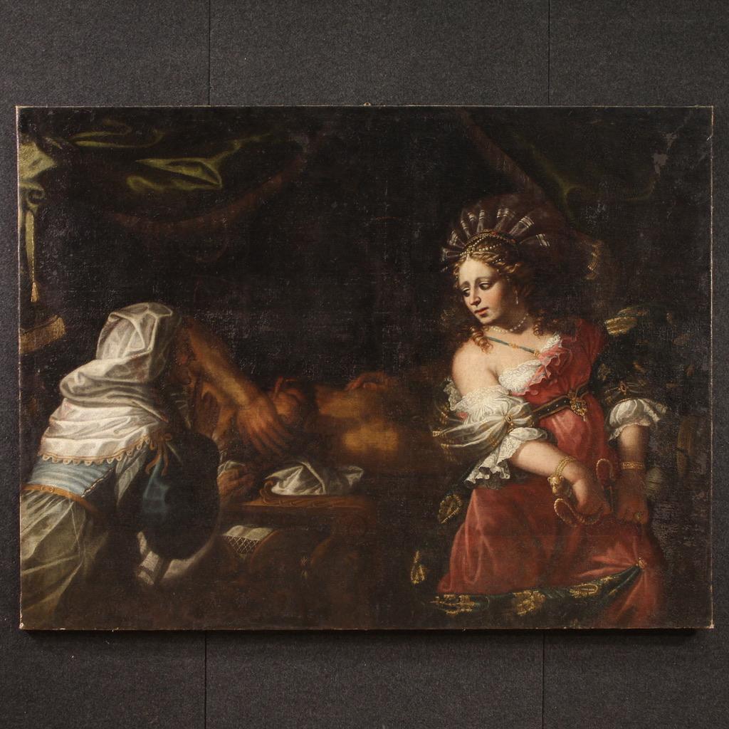 Portrait Painting de Unknown - siglo XVIII Óleo sobre lienzo Pintura bíblica italiana Judith y Holofernes