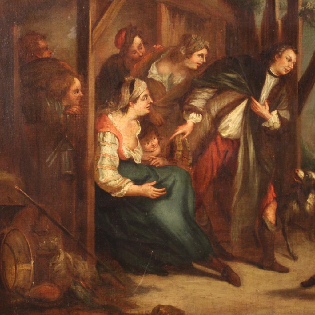 Antikes englisches Gemälde aus der zweiten Hälfte des 18. Jahrhunderts. Rahmen Öl auf Leinwand, der eine Genreszene mit Figuren von guter malerischer Qualität darstellt. Großformatiges und wirkungsvolles Gemälde mit Holz- und Gipsrahmen, nicht