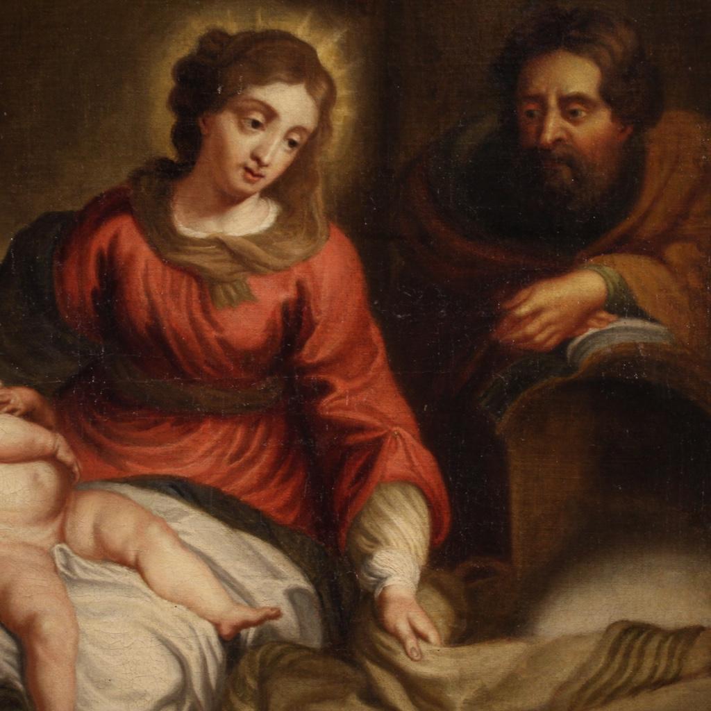 óleo sobre lienzo del siglo XVIII Pintura religiosa flamenca enmarcada Sagrada Familia, 1750 en venta 6