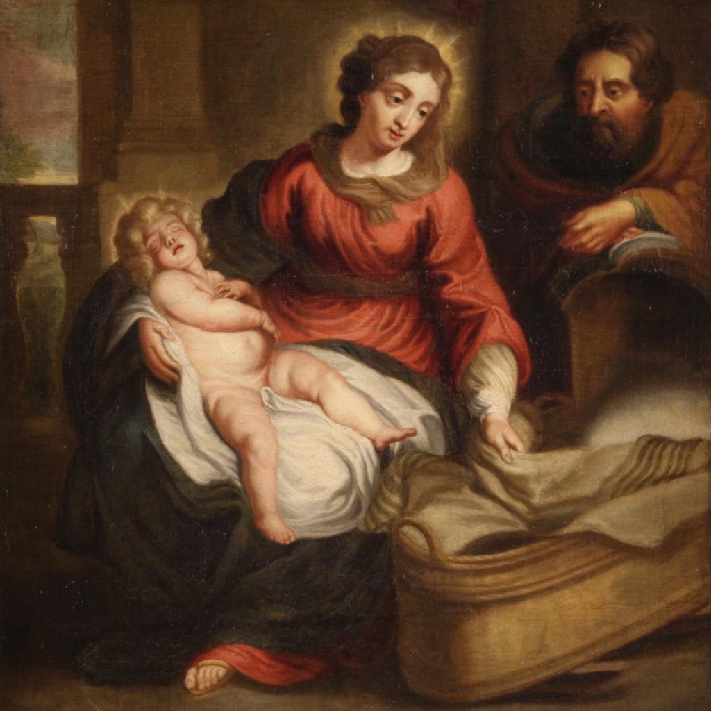óleo sobre lienzo del siglo XVIII Pintura religiosa flamenca enmarcada Sagrada Familia, 1750 - Figurative Painting Brown de Unknown