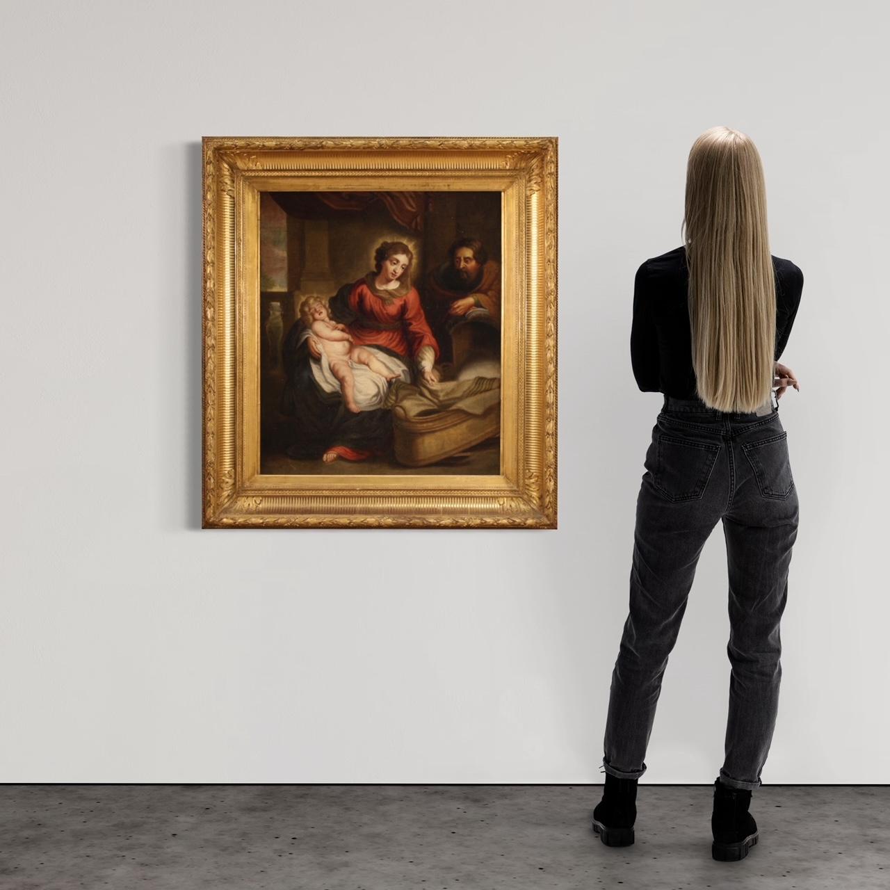 Antiguo cuadro flamenco del siglo XVIII. Marco óleo sobre lienzo que representa tema religioso Sagrada familia de buena calidad pictórica. Marco de madera y yeso, de buen tamaño y agradablemente decorado, finamente cincelado y dorado. Marco no