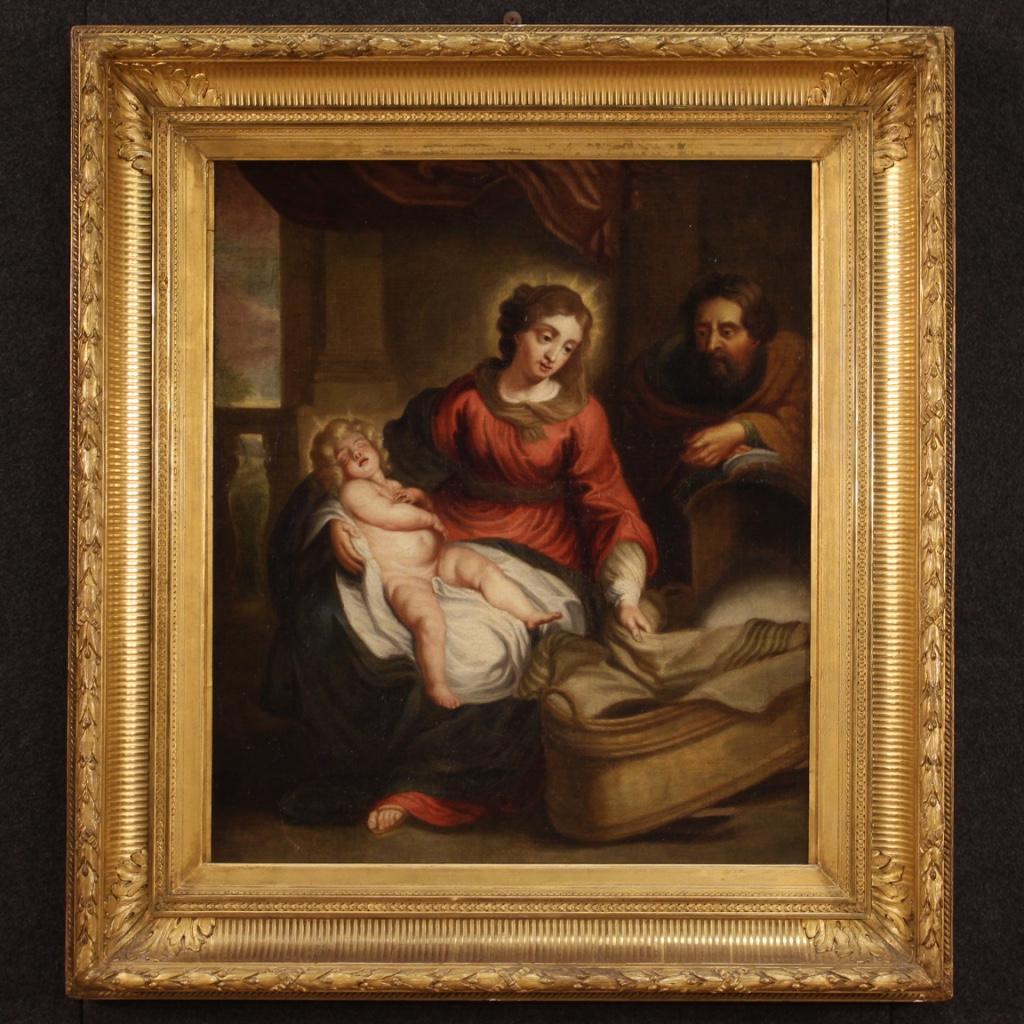 Figurative Painting de Unknown - óleo sobre lienzo del siglo XVIII Pintura religiosa flamenca enmarcada Sagrada Familia, 1750
