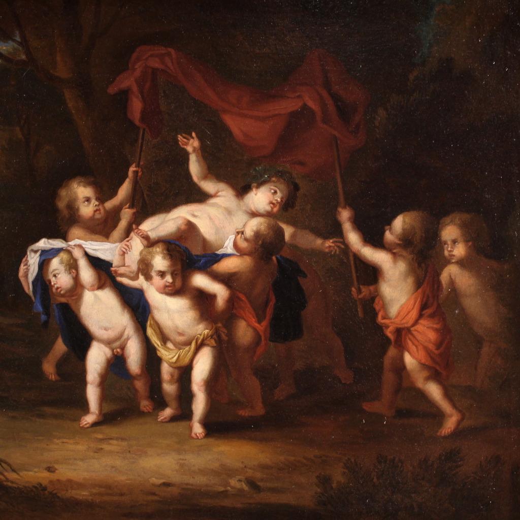 18th Century Oil on Canvas Flemish Painting Bacchanal, 1720 - Figurative Painting Black di Unknown