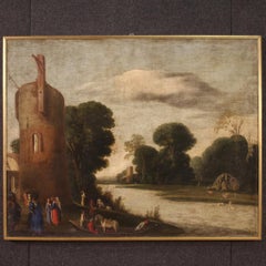 18. Jahrhundert Öl auf Leinwand Flämische Malerei Landschaft Figuren und Turm, 1720