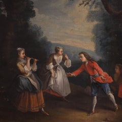 18th Century Oil on Canvas French Gallant Scene Painting Children Playing, 1780