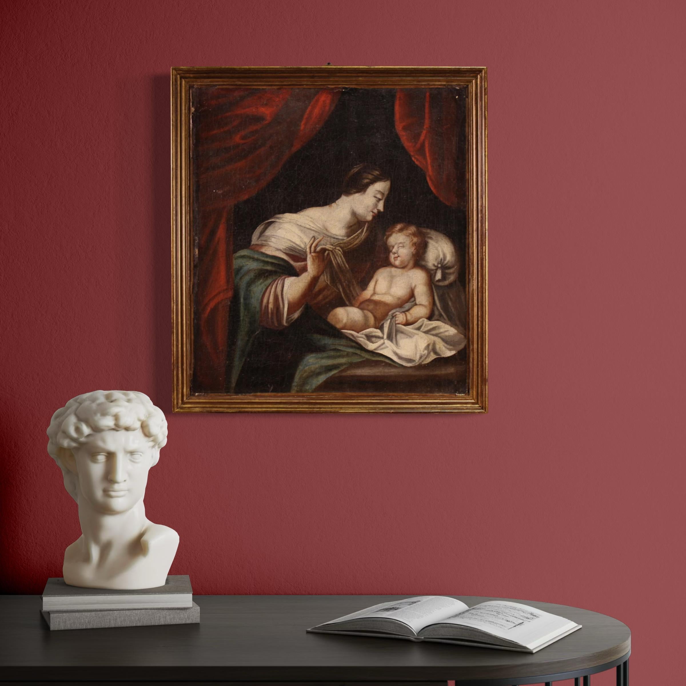 18th Century Oil on Canvas French Religious Painting Madonna with Child, 1740 im Angebot 4
