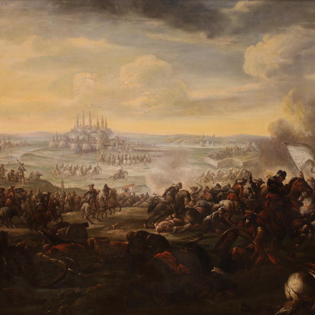 An imposing Italian painting from the first half of the 18th century. Painting oil on canvas depicts the Battle of Petervaradin, a historic and decisive clash between Christian and Ottoman armies fought during the Austro-Turkish War of 1716.
