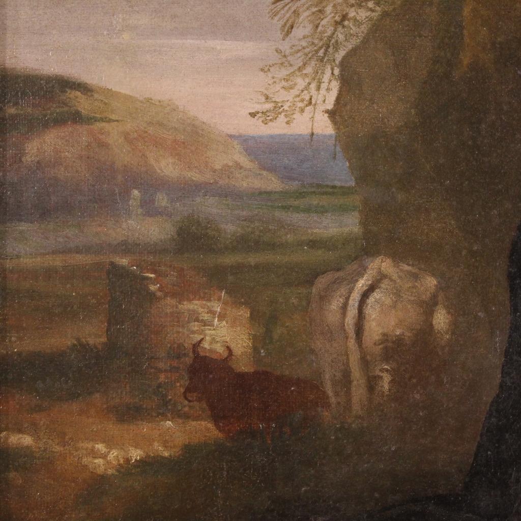 18th Century Oil on Canvas Italian Antique Landscape Painting Genre Scene, 1760 in vendita 11