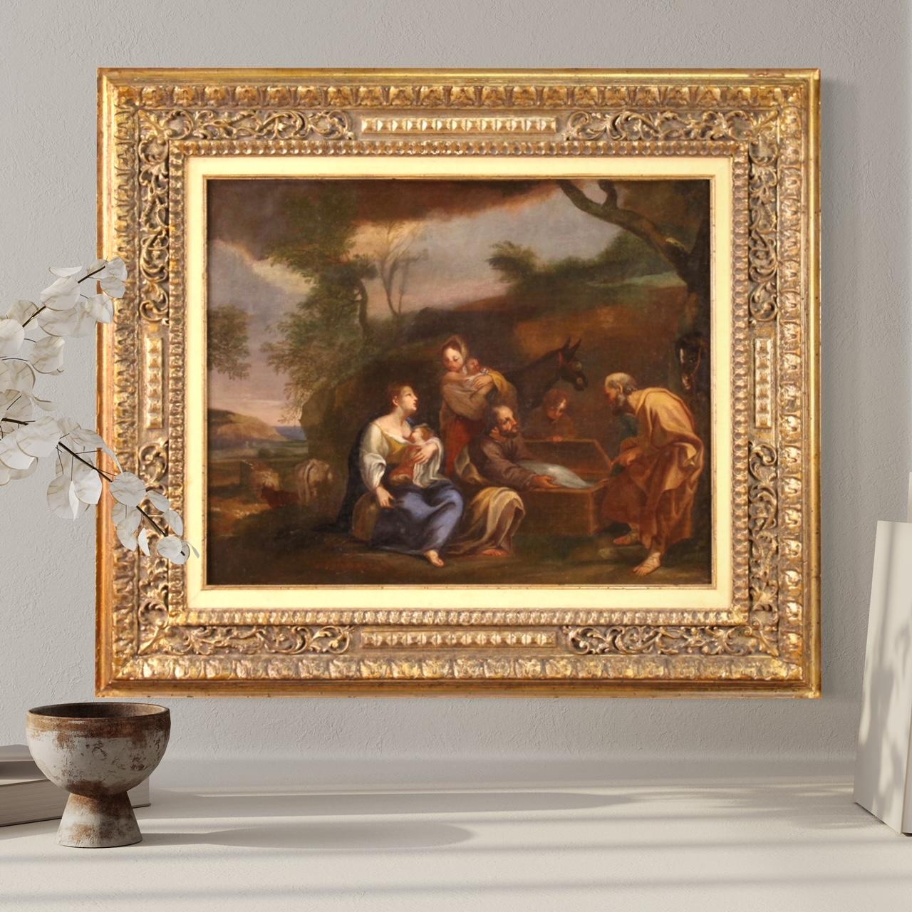 18th Century Oil on Canvas Italian Antique Landscape Painting Genre Scene, 1760 in vendita 14