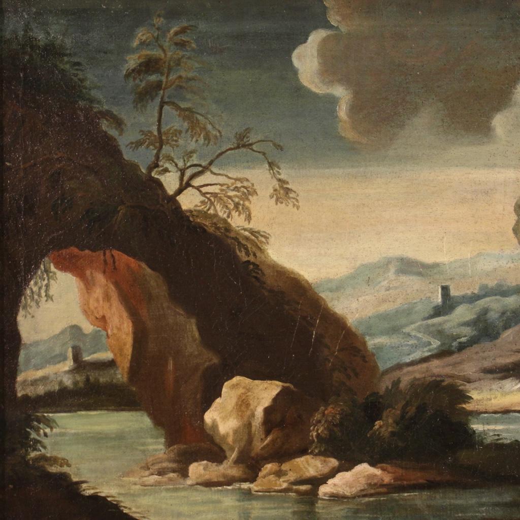 pintura al óleo sobre lienzo del siglo XVIII Paisaje antiguo italiano con personajes en venta 8