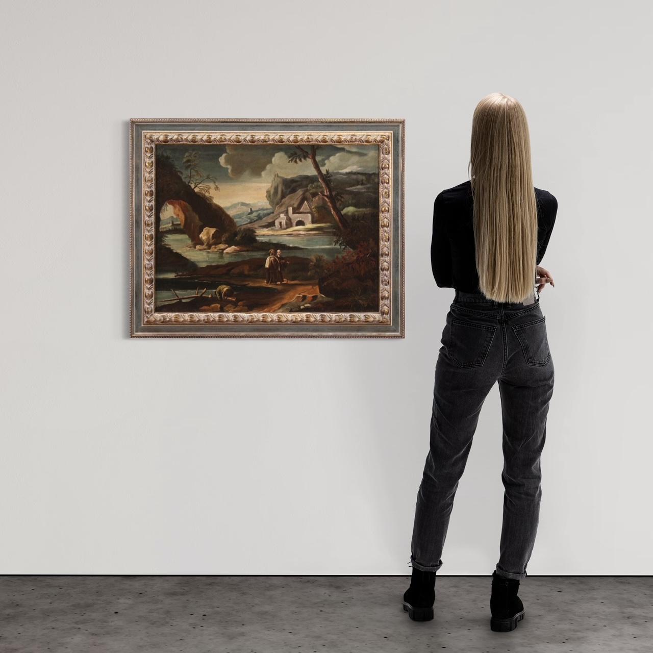 pintura al óleo sobre lienzo del siglo XVIII Paisaje antiguo italiano con personajes - Painting de Unknown