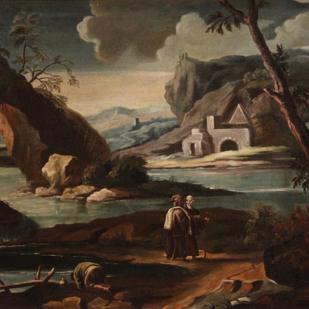 pintura al óleo sobre lienzo del siglo XVIII Paisaje antiguo italiano con personajes en venta 2