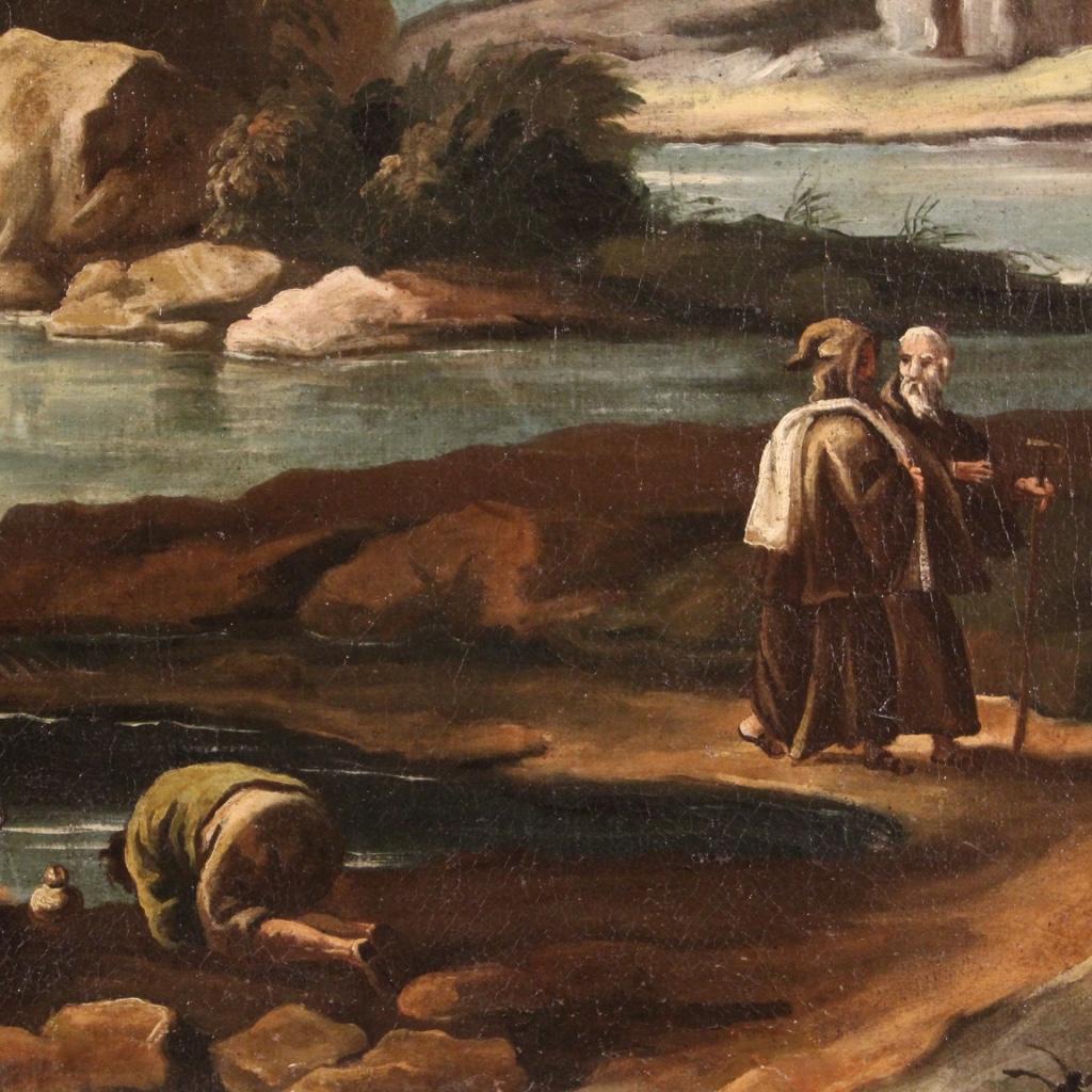 pintura al óleo sobre lienzo del siglo XVIII Paisaje antiguo italiano con personajes en venta 3