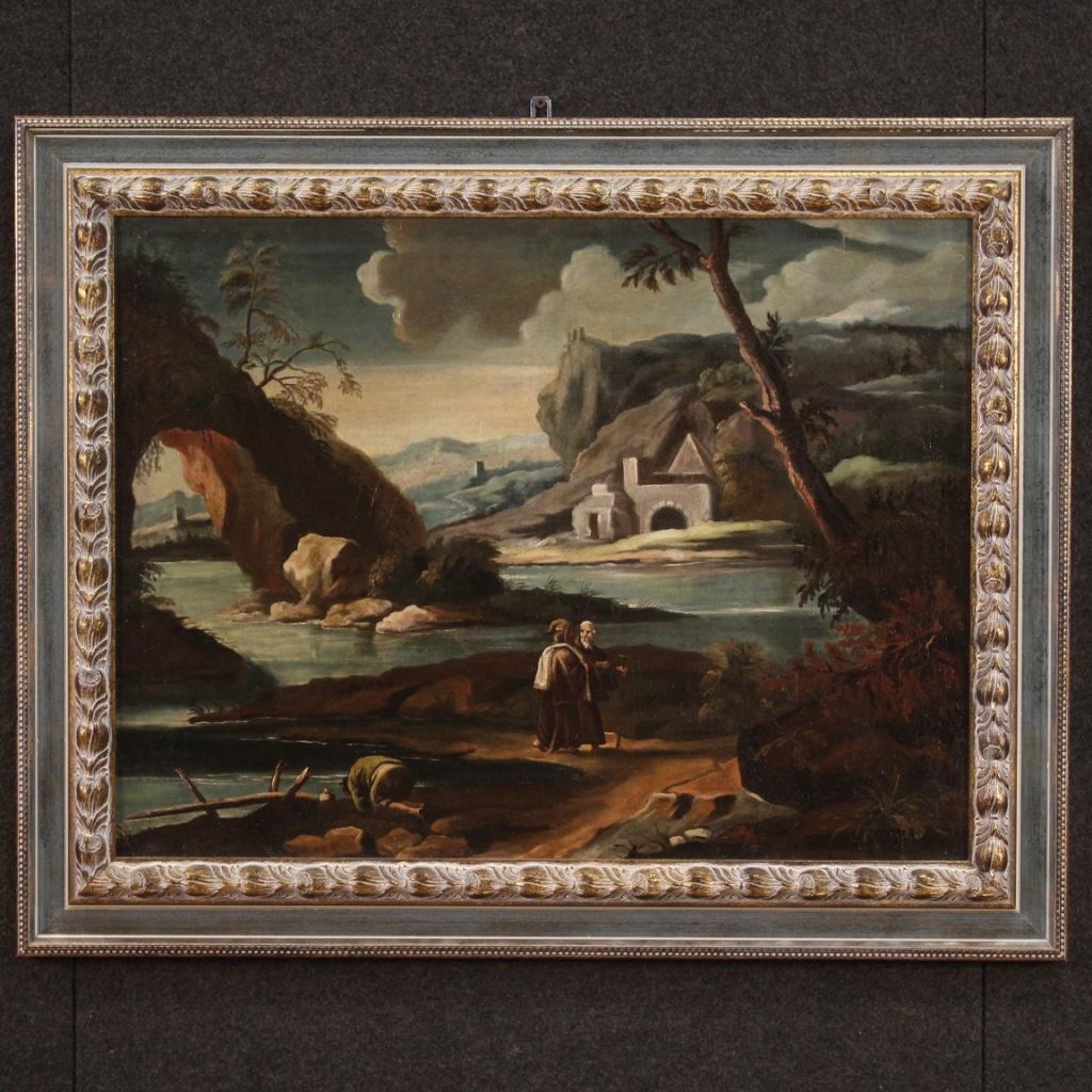 Figurative Painting de Unknown - pintura al óleo sobre lienzo del siglo XVIII Paisaje antiguo italiano con personajes