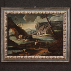 18th Century Oil on Canvas Italian Antique Landscape with Characters Painting