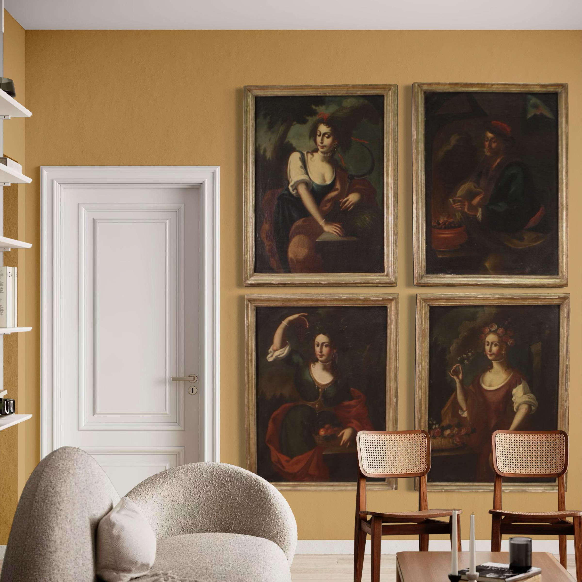 Elegant group of four Italian paintings from the second half of the 18th century. Oil on canvas artworks depicting the allegory of the four seasons, of remarkable pictorial quality and difficult to find. Spring is depicted as a young girl immersed
