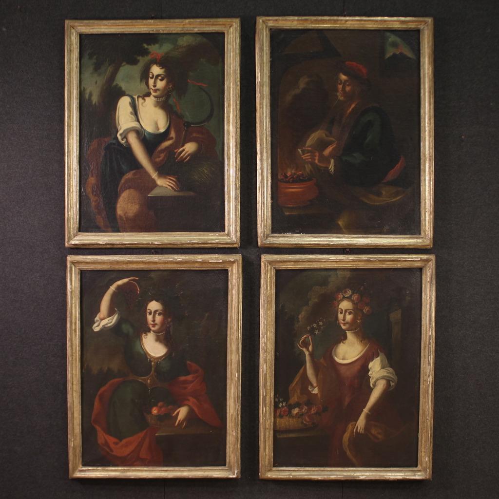 Portrait Painting di Unknown - 18th Century Oil on Canvas Italian Antique Lot Paintings Allegory Four Seasons
