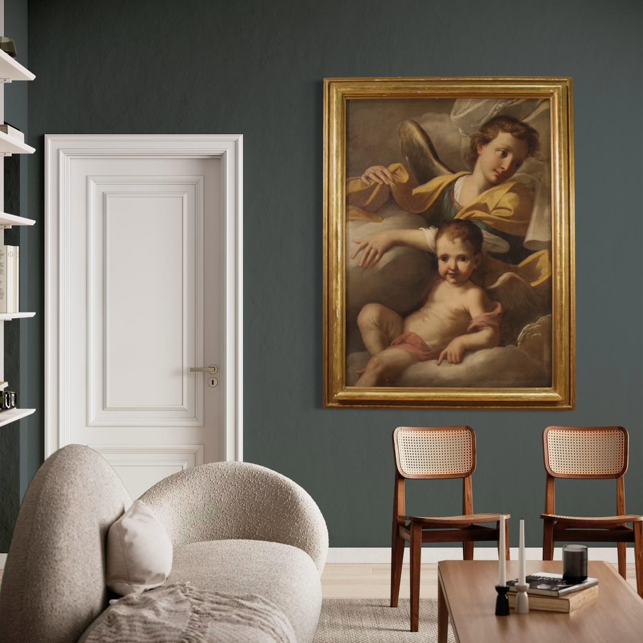 18. Jahrhundert Öl auf Leinwand Italienisch antike Malerei Engel in den Wolken, 1720 im Angebot 9