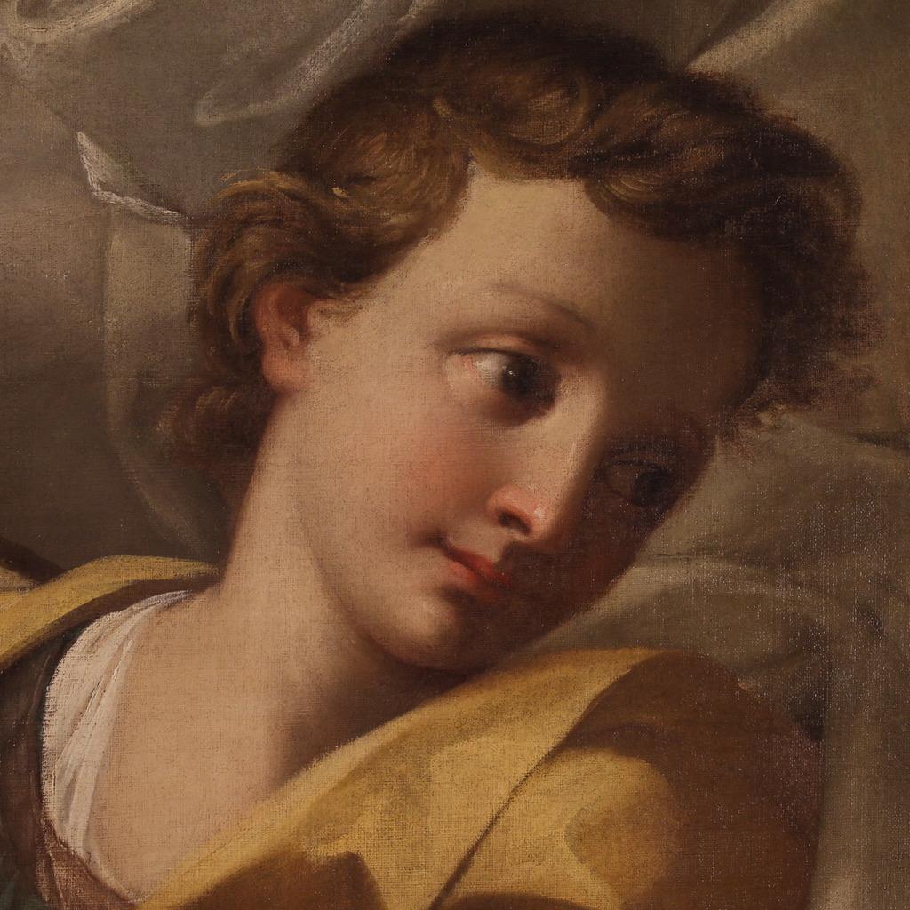 Wunderschönes italienisches Gemälde aus der ersten Hälfte des 18. Jahrhunderts. Öl auf Leinwand mit einer reizvollen Komposition, die einen erwachsenen Engel und einen Cherub in einer weichen himmlischen Wolke zeigt. Gemälde von bemerkenswerter