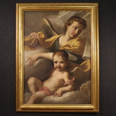 18th Century Oil on Canvas Italian Antique Painting Angels in the Clouds, 1720s