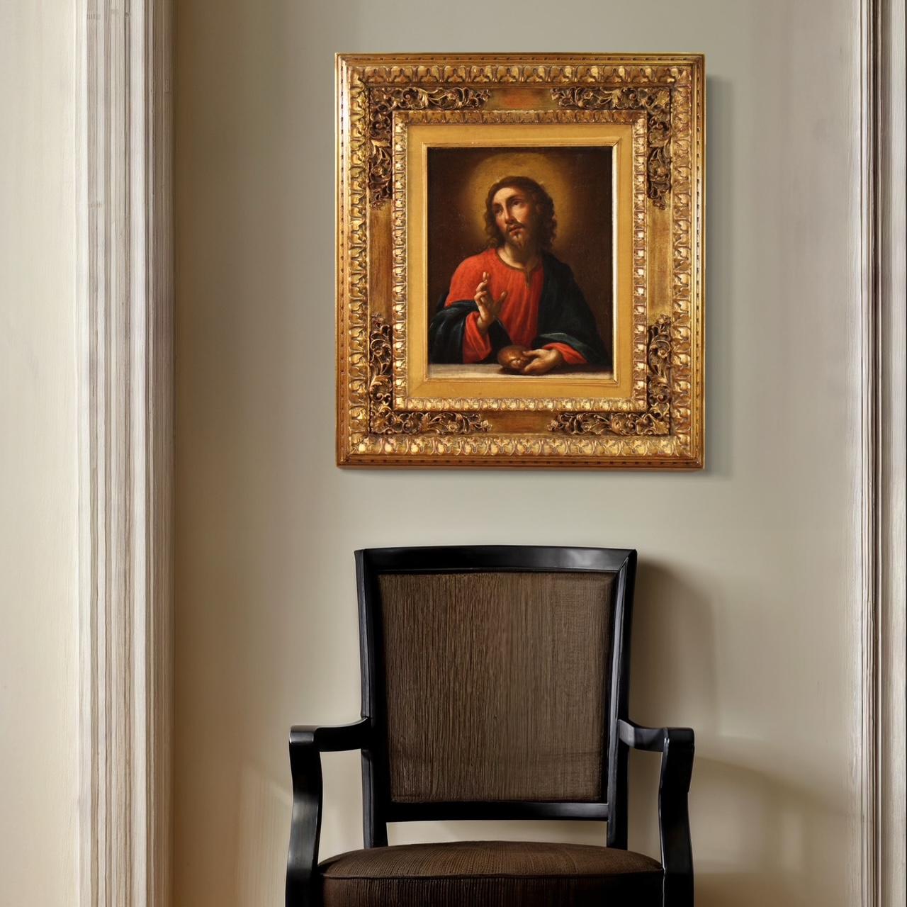 18th Century Oil on Canvas Italian Antique Painting Christ Blessing Bread, 1750 10