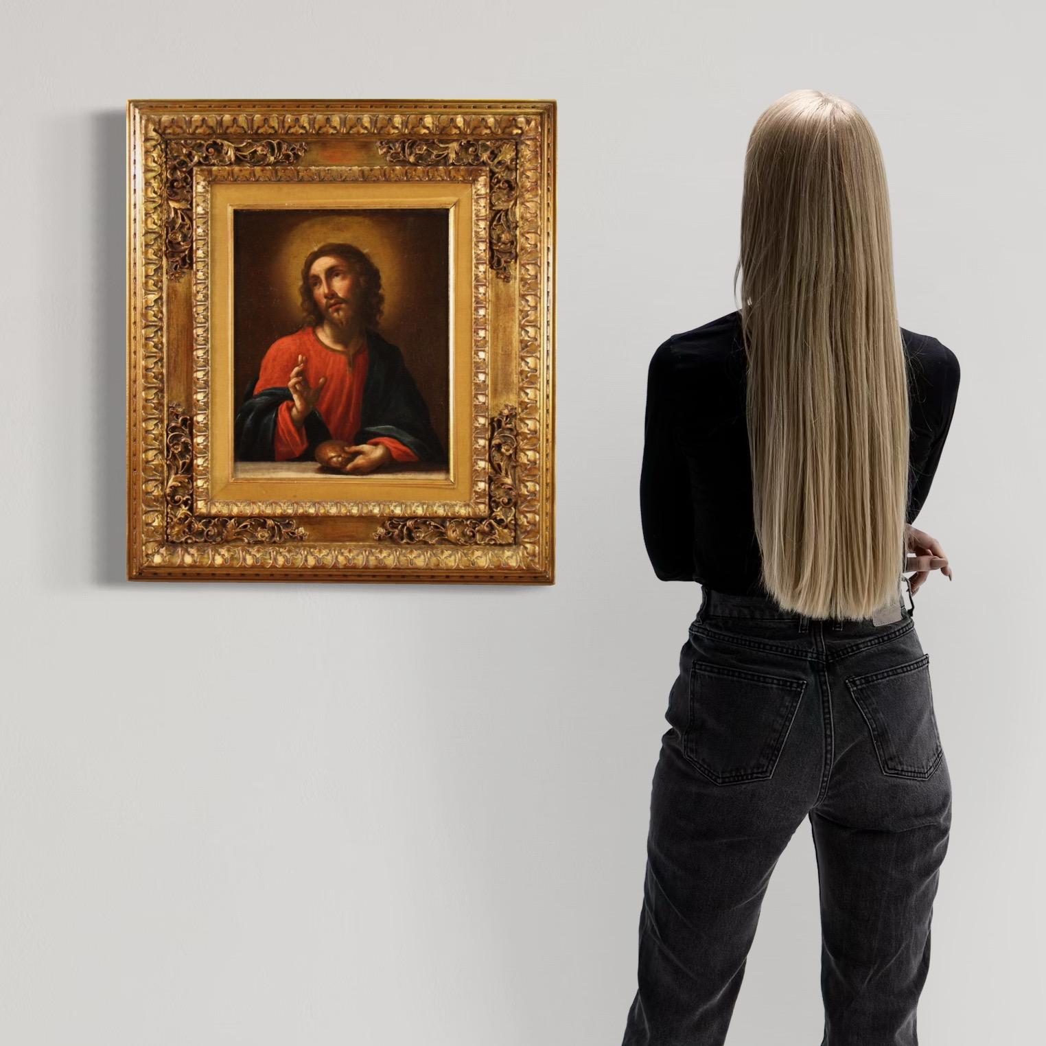 18th Century Oil on Canvas Italian Antique Painting Christ Blessing Bread, 1750 - Brown Figurative Painting by Unknown