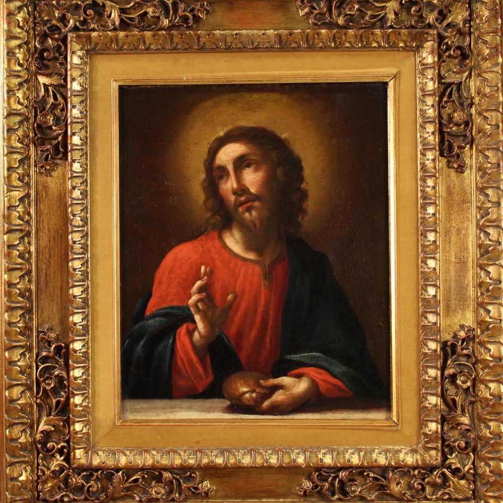 Antique Italian painting from the 18th century. Artwork of beautiful size adorned with a rich wooden frame (from the 20th century) carved and gilded, with a fabric passe-partout. Oil painting on canvas depicting a subject of sacred art, Blessing of