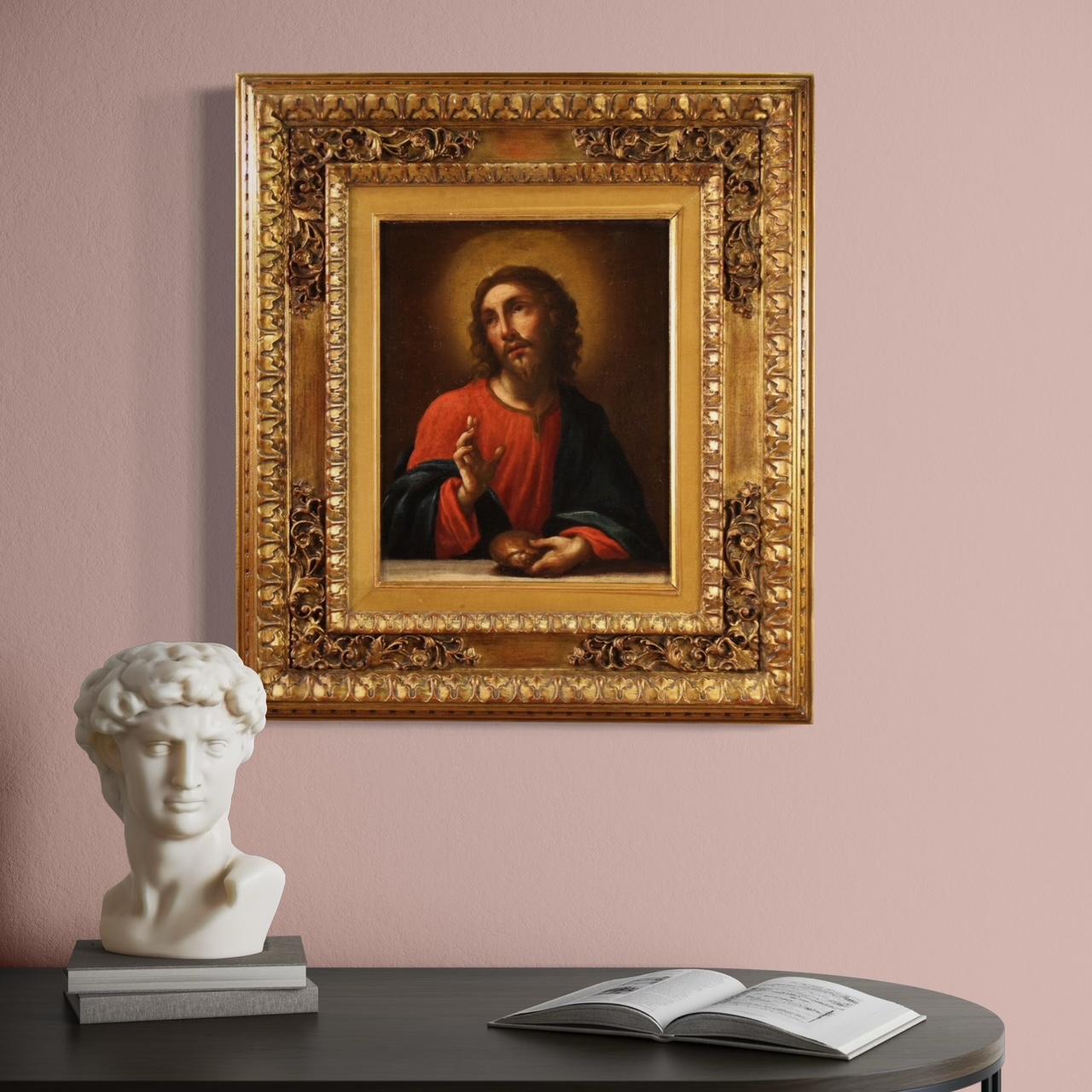 18th Century Oil on Canvas Italian Antique Painting Christ Blessing Bread, 1750 1