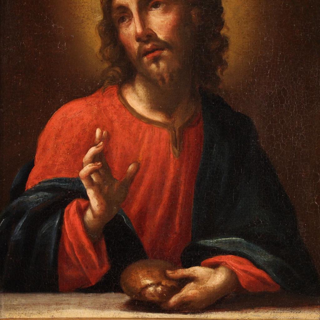 18th Century Oil on Canvas Italian Antique Painting Christ Blessing Bread, 1750 3