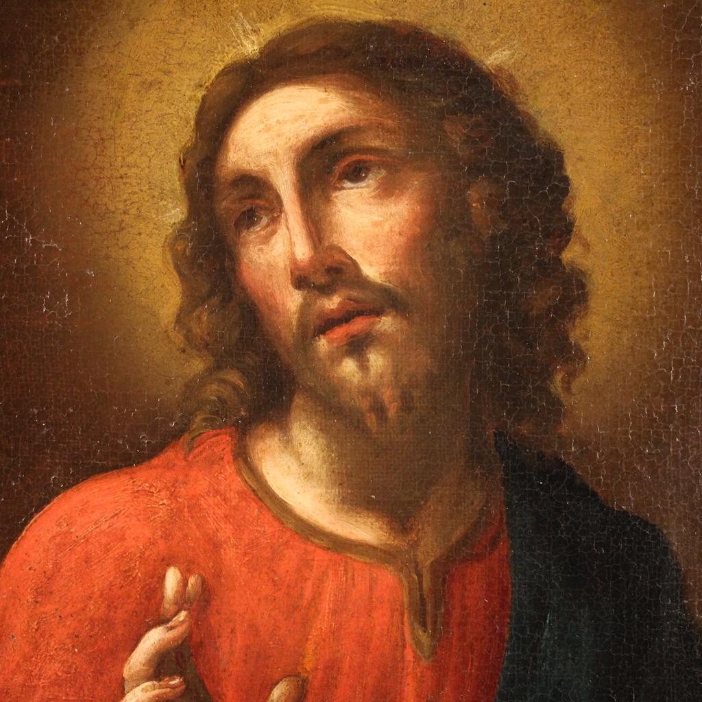 18th Century Oil on Canvas Italian Antique Painting Christ Blessing Bread, 1750 4