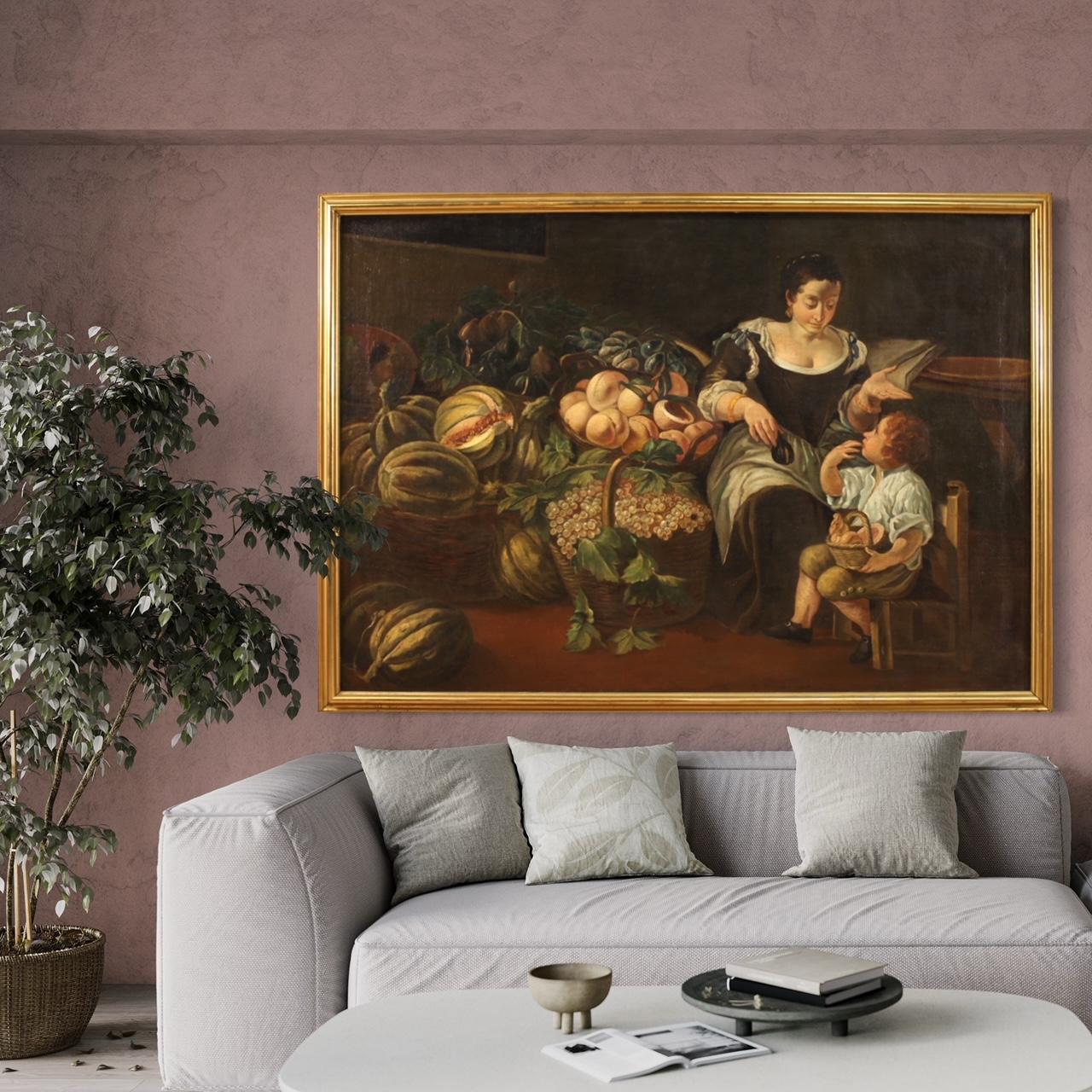 huile sur toile du 18e siècle Peinture ancienne italienne Scène de genre avec nature morte en vente 11