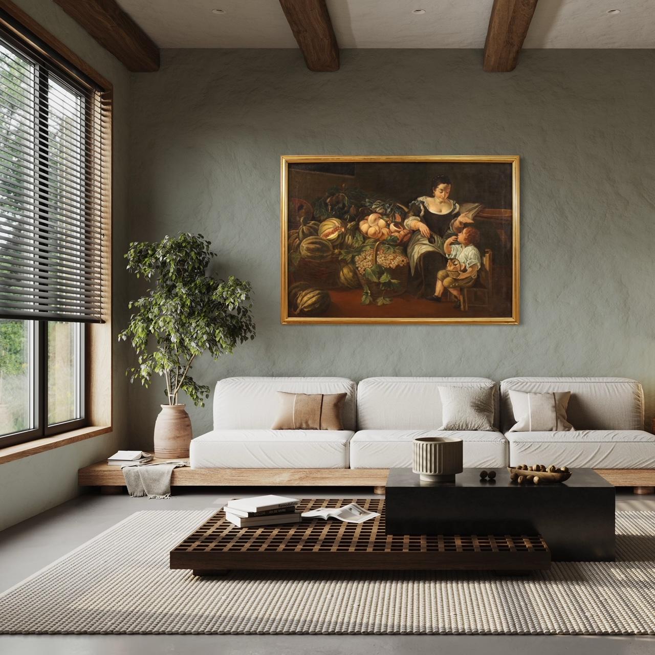 huile sur toile du 18e siècle Peinture ancienne italienne Scène de genre avec nature morte - Painting de Unknown