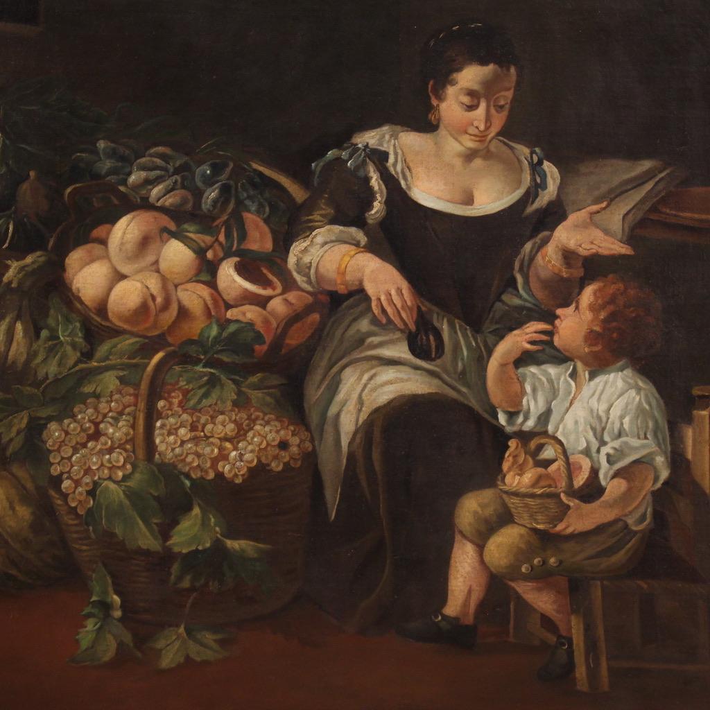 Peinture italienne ancienne du 18e siècle. Oeuvre d'art à l'huile sur toile représentant une scène de genre avec un marchand de légumes et une nature morte de bonne qualité picturale. Tableau d'une taille et d'un impact exceptionnels, orné d'un