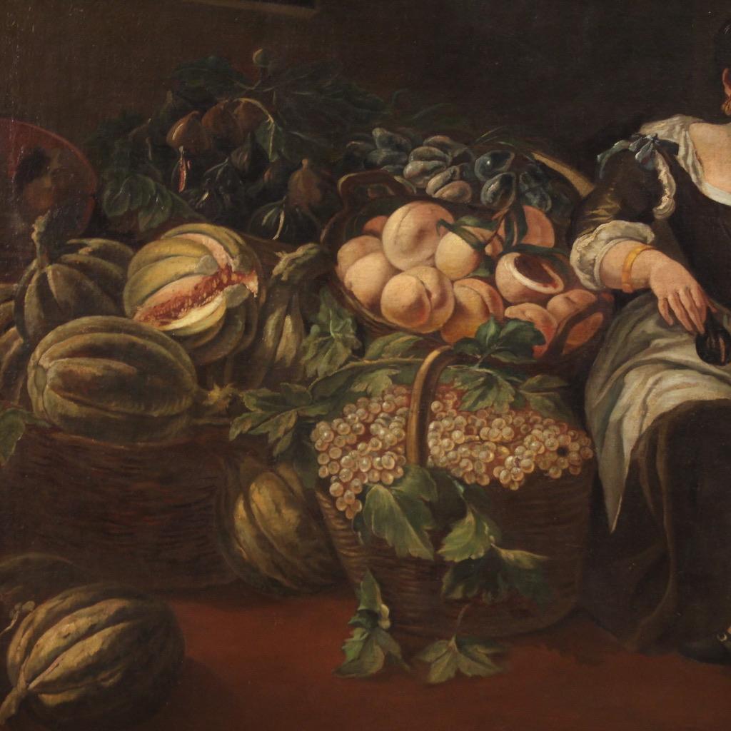 huile sur toile du 18e siècle Peinture ancienne italienne Scène de genre avec nature morte en vente 1
