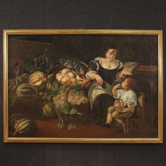 siglo XVIII Óleo sobre Lienzo Pintura Antigua Italiana Escena de Género con Bodegón