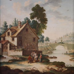 18th Century Oil on Canvas Italian Antique Painting Landscape with Genre Scene