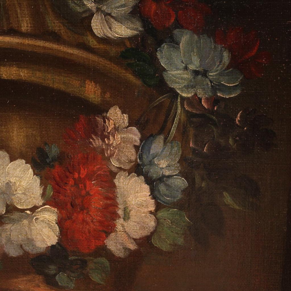 18th Century Oil on Canvas Italian Antique Still Life with Flowers Painting 1730 11