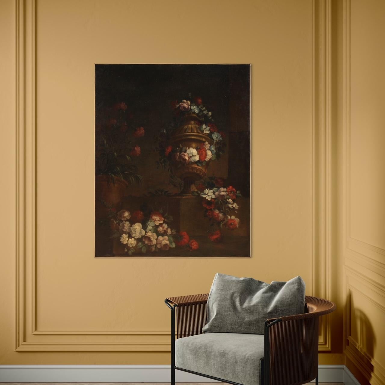 18th Century Oil on Canvas Italian Antique Still Life with Flowers Painting 1730 - Still-Life Painting Black di Unknown
