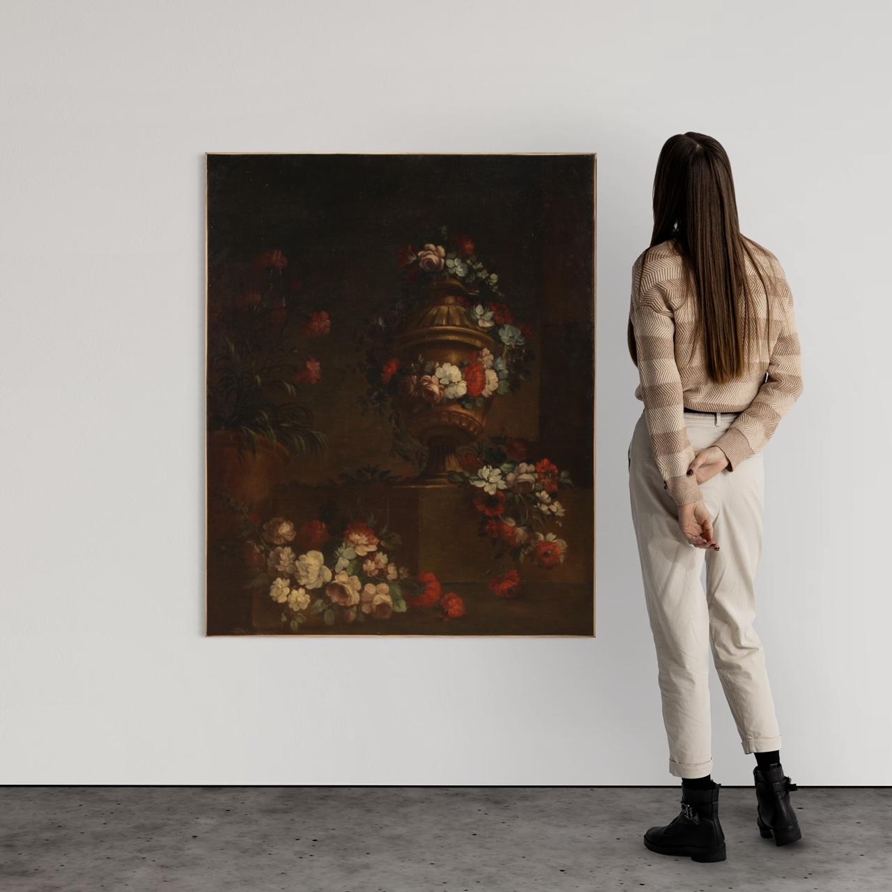 18th Century Oil on Canvas Italian Antique Still Life with Flowers Painting 1730 1