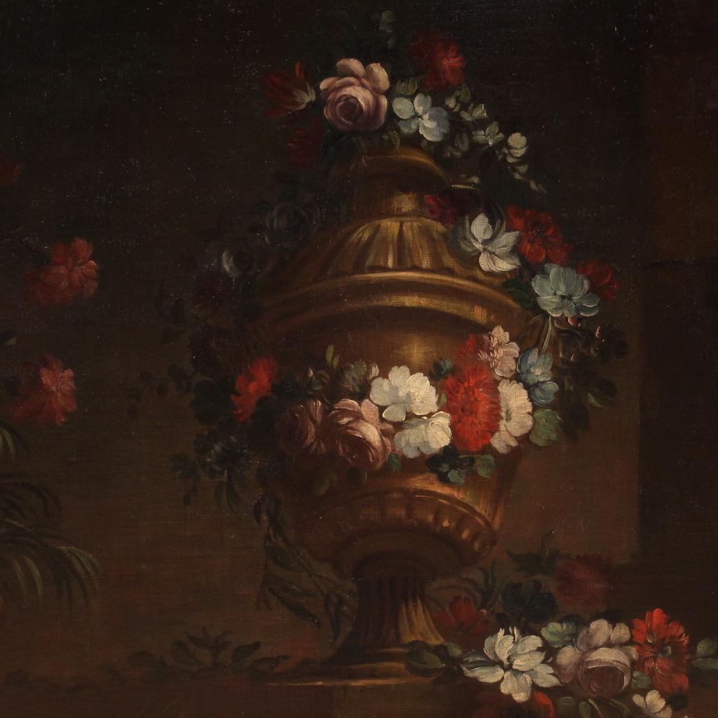 18th Century Oil on Canvas Italian Antique Still Life with Flowers Painting 1730 4