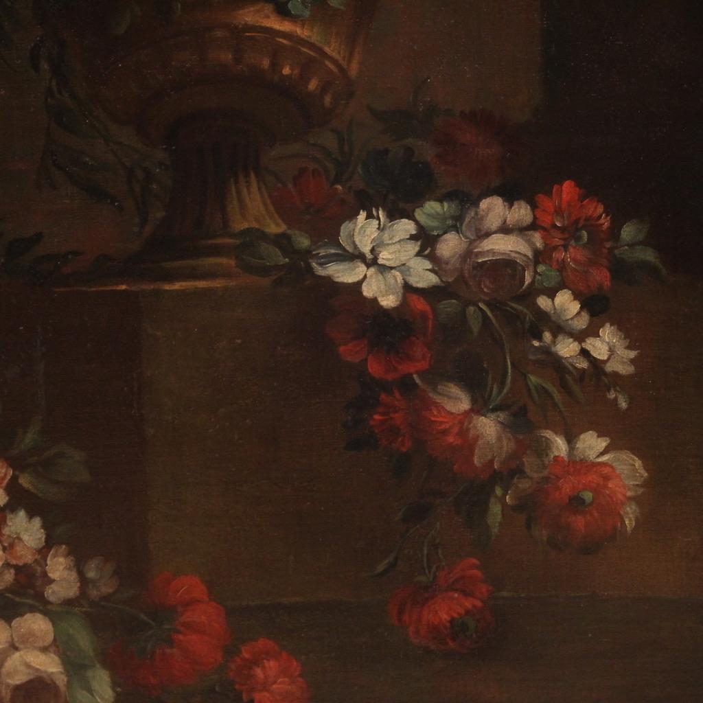 18th Century Oil on Canvas Italian Antique Still Life with Flowers Painting 1730 5