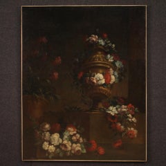 18th Century Oil on Canvas Italian Antique Still Life with Flowers Painting 1730