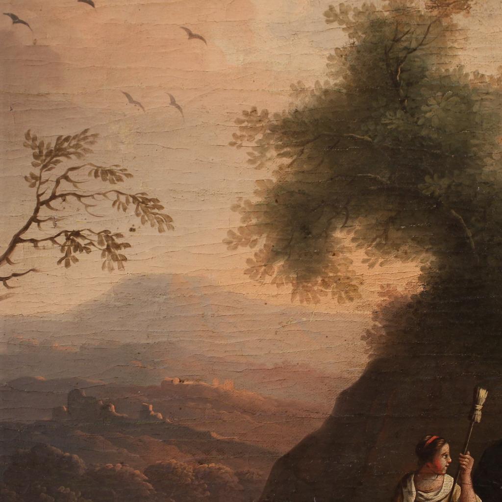 pintura al óleo sobre lienzo del siglo XVIII Paisaje bucólico italiano con personajes 6
