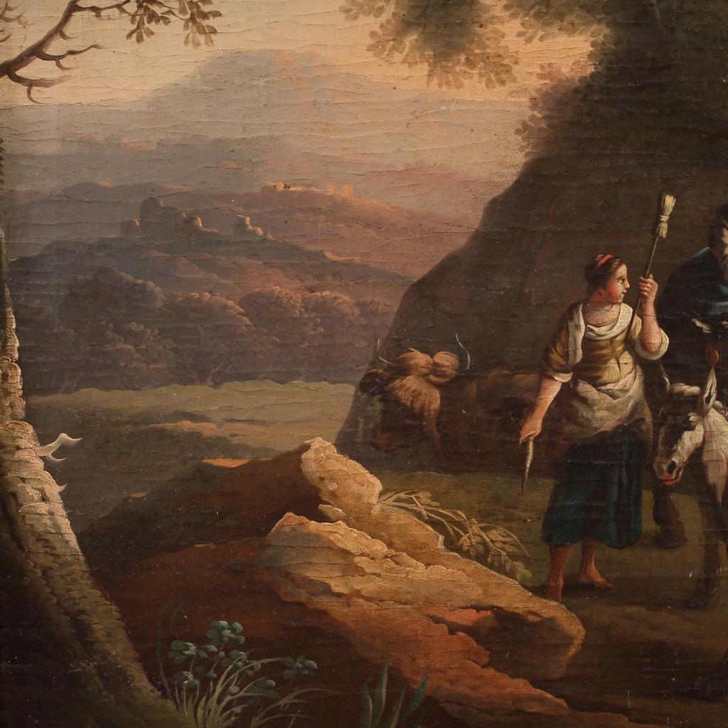 pintura al óleo sobre lienzo del siglo XVIII Paisaje bucólico italiano con personajes 7