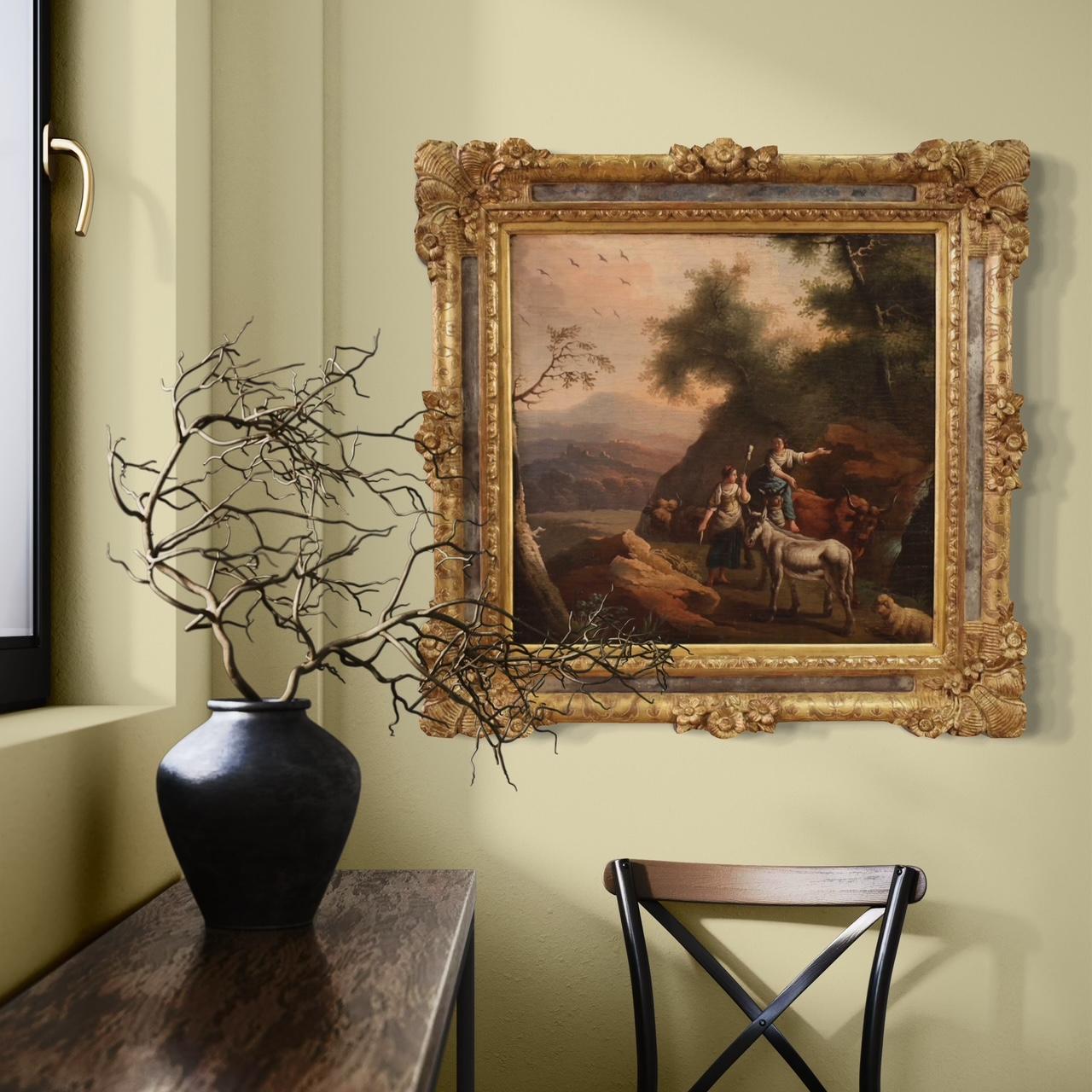 pintura al óleo sobre lienzo del siglo XVIII Paisaje bucólico italiano con personajes 9