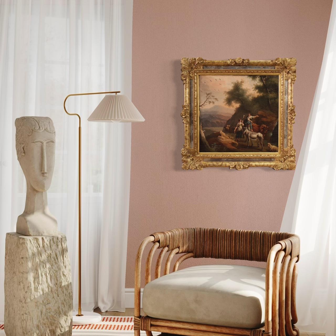 pintura al óleo sobre lienzo del siglo XVIII Paisaje bucólico italiano con personajes 11