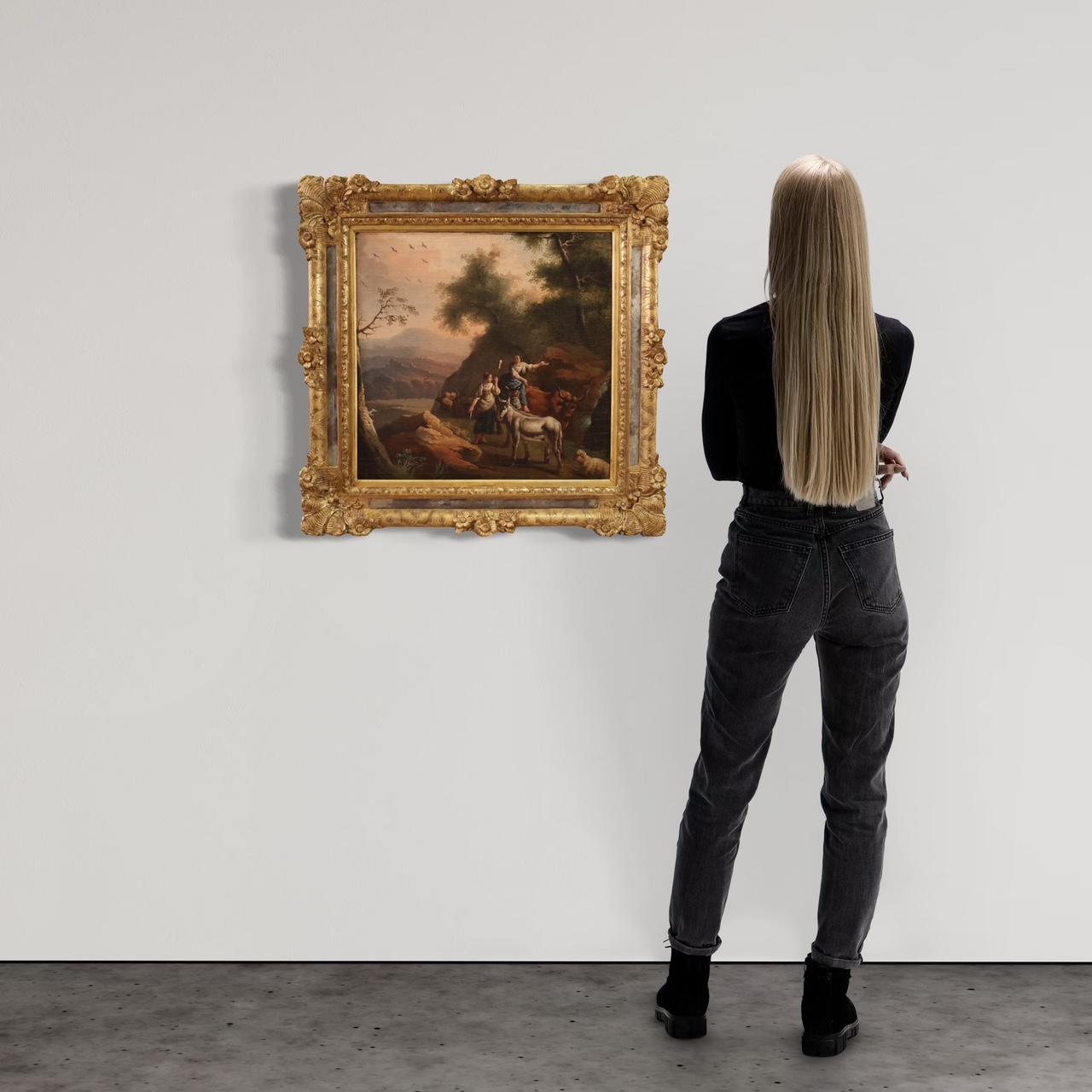 pintura al óleo sobre lienzo del siglo XVIII Paisaje bucólico italiano con personajes - Painting de Unknown