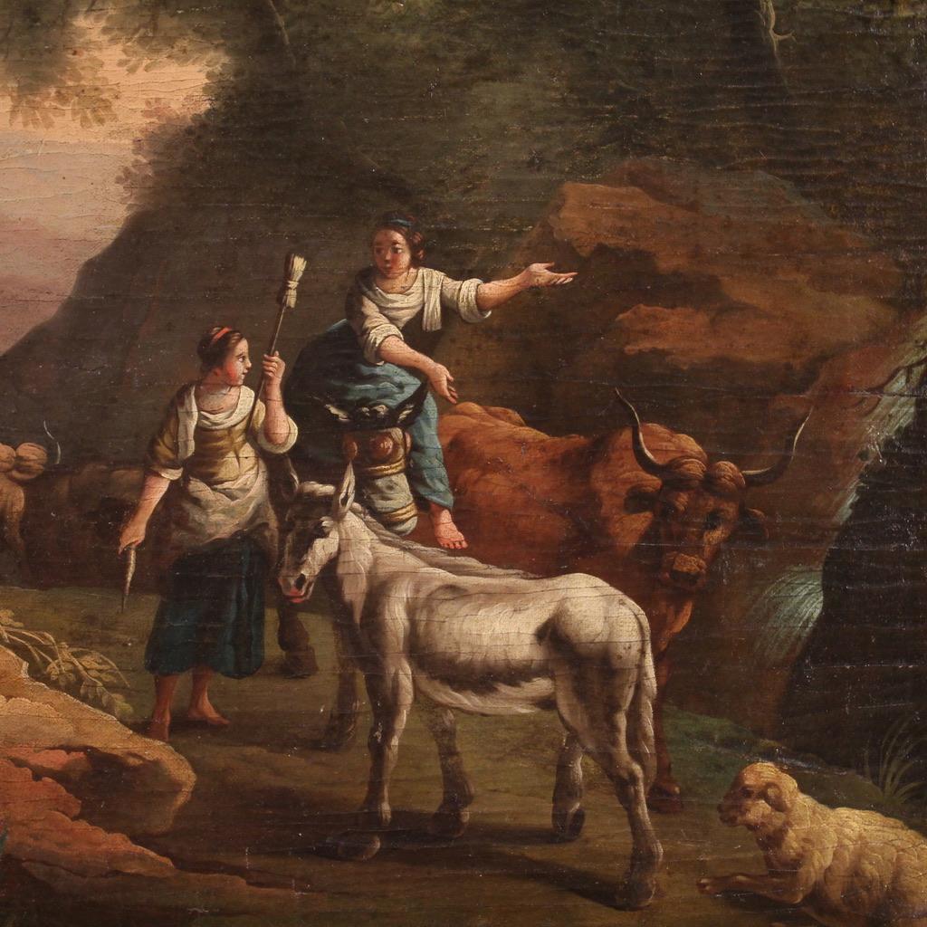 pintura al óleo sobre lienzo del siglo XVIII Paisaje bucólico italiano con personajes 1